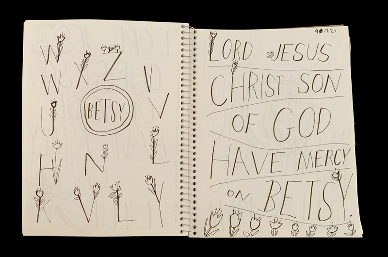A handwritten page featuring a variety of letters, floral doodles, and a prayer for Betsy.