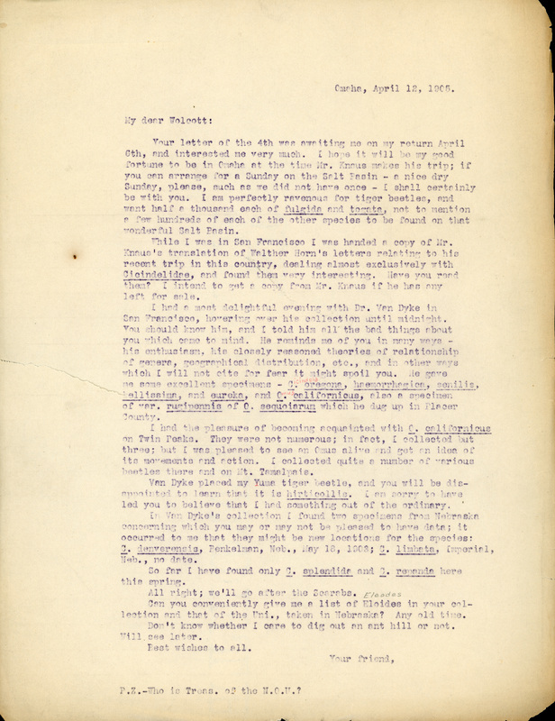 Typewritten letter, 1 page, from Frank H. Shoemaker to Robert H. Wolcott, "Your letter from of the 4th was awaiting me on my return April 6th, and interested me very much. I hope it will be my good fortune to be in Omaha at the time Mr. Knsus makes his trip; if you can arrange for a Sunday on the Salt Basin..."