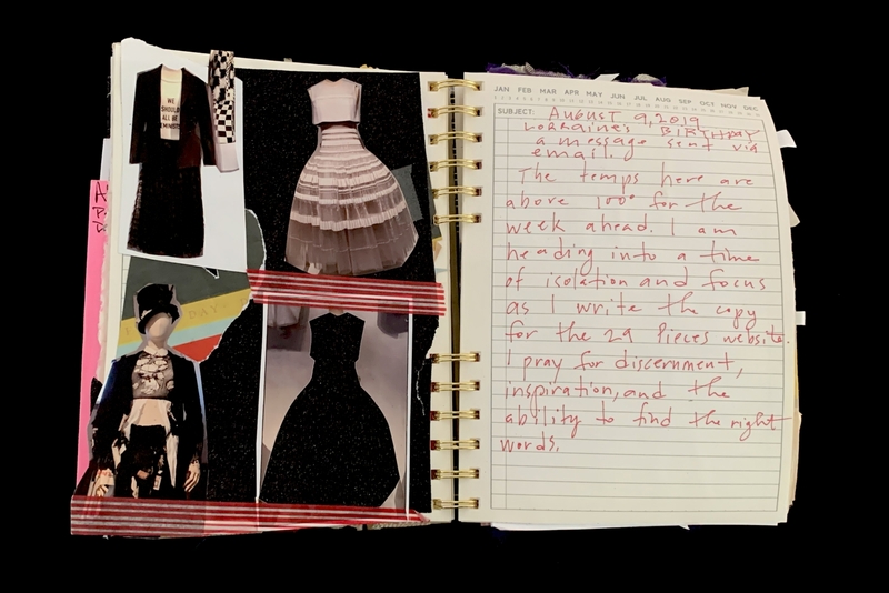 A scrapbook page featuring fashion-related images and handwritten notes.