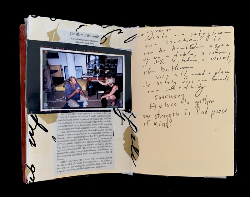 A scrapbook page featuring a photograph and handwritten notes discussing the allure of the exotic and personal reflections on creativity and sanctuary.