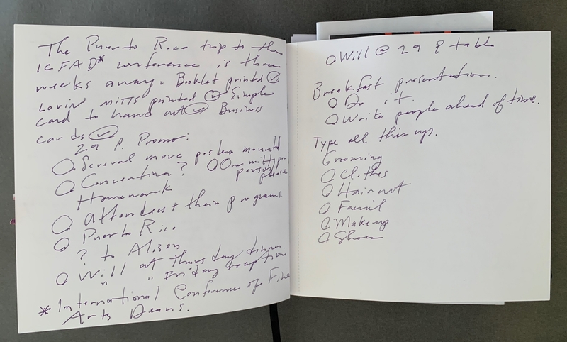 A handwritten journal page with notes about a trip to Puerto Rico and a list of tasks.