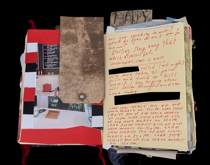 A collage of various images and handwritten notes, including a kitchen scene, a menu, and a piece of paper with religious text.