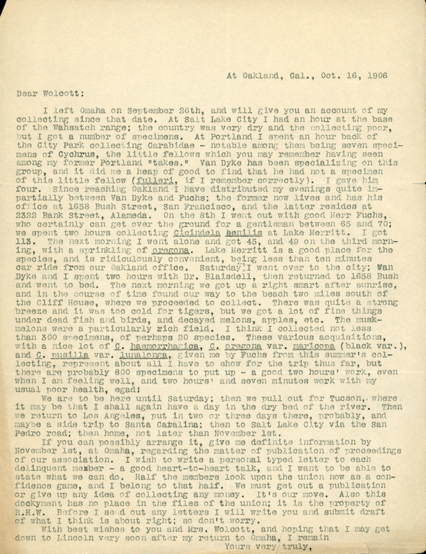 Typewritten letter, 1 page, from unknown (likely Frank H. Shoemaker) to Robert H. Wolcott, "I left Omaha on September 26th, and will give you an account of my collecting since that date range."