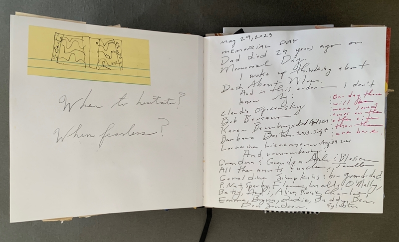 A journal page with handwritten notes, doodles, and a yellow sticky note.