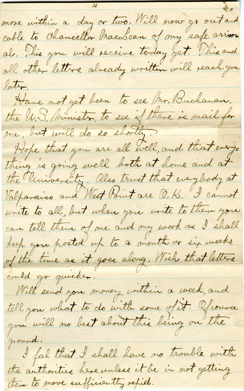 Handwritten 5 page letter from Lawrence Bruner to Marcia Bruner, "Well I have finally reached this place –– the field of action for the next 9 or 10 months."