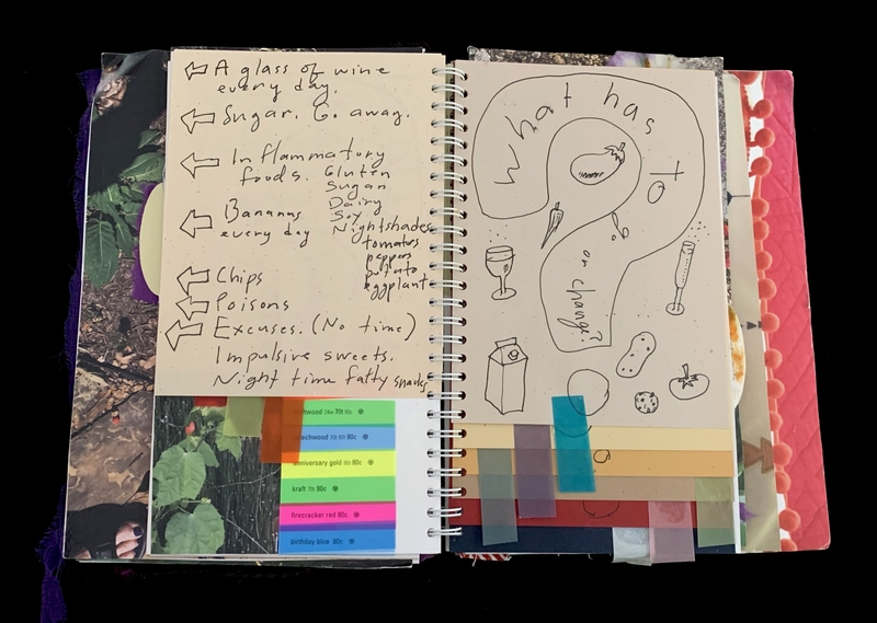A journal page with handwritten notes, doodles, and color swatches.