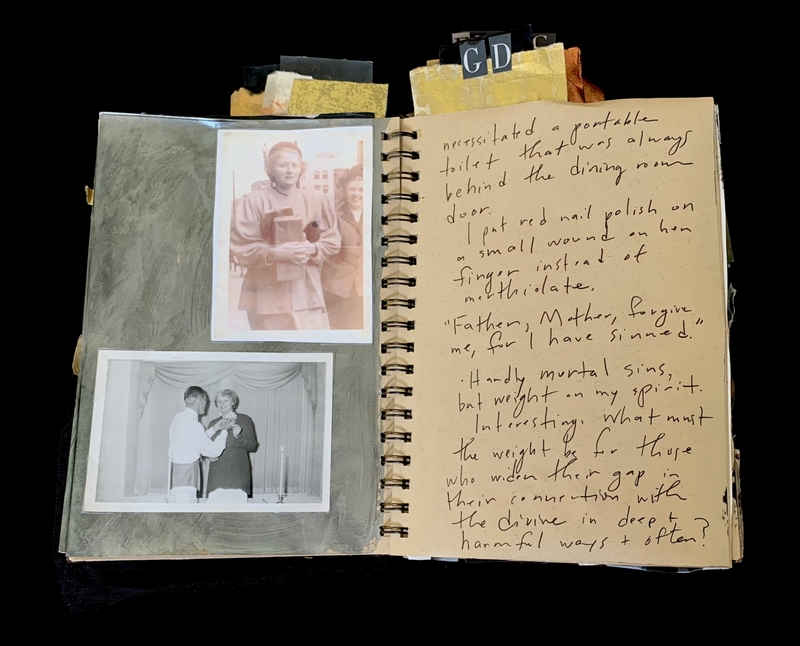 A vintage scrapbook page featuring a photograph of a young person, a couple, and handwritten notes.