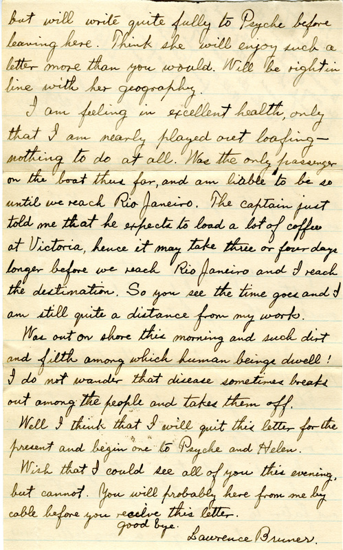 Handwritten 2 page letter from Lawrence Bruner to Marcia Bruner, "Well we have finally reached our first port out of New York after a tedious voyage..."