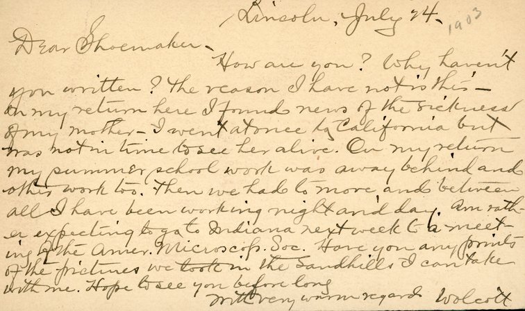 Handwritten postcard from Robert H. Wolcott to Frank H. Shoemaker, "How are you? Why haven't you written? the reason I have not is this- on my return here I found news of the sickness of my mother-..."