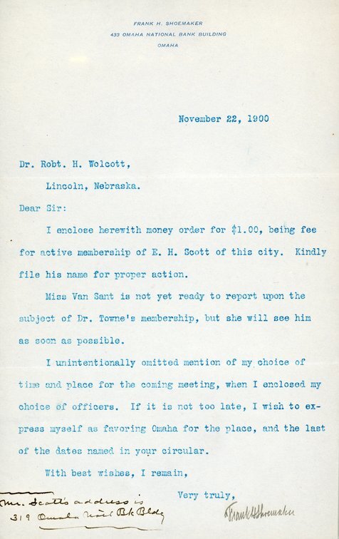Typewritten letter, 1 page, from Frank H. Shoemaker to Robert H. Wolcott, "I enclose herewith money order for $1.00, being fee for active membership of E.H. Scott of this city. Kindly file his name for proper action."