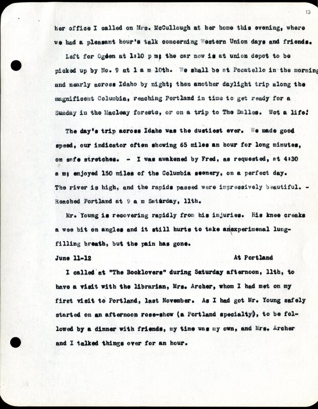 Frank H. Shoemaker typescript, 19 pages, noted on front page as "Have selected from my pocket day-dooks items pertaining to my leisure activities while on trips as private secretary to General Auditor of U.P.-S.P. and affiliates."