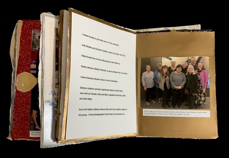 Open scrapbook with text on the left page and a group photo on the right.