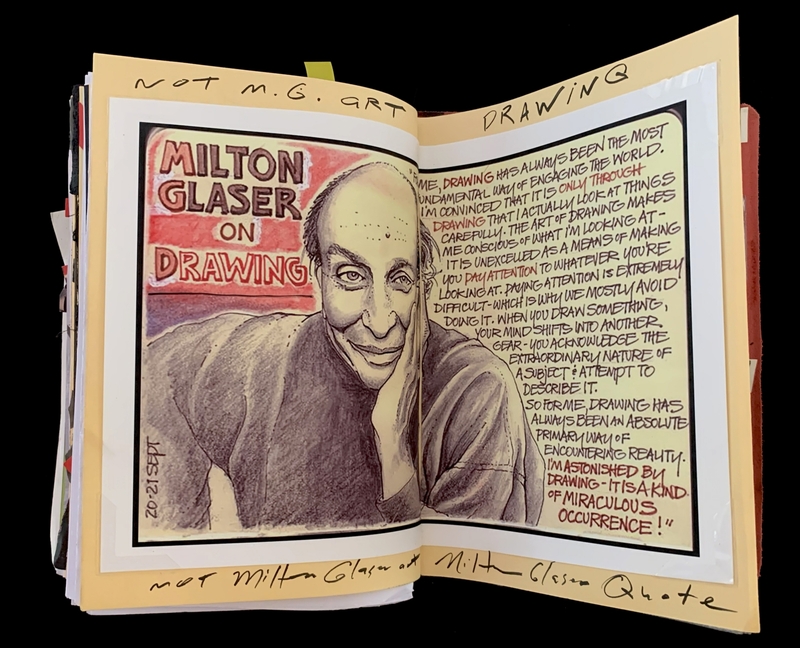 A page from a sketchbook featuring a drawing of Milton Glaser with a quote about drawing.