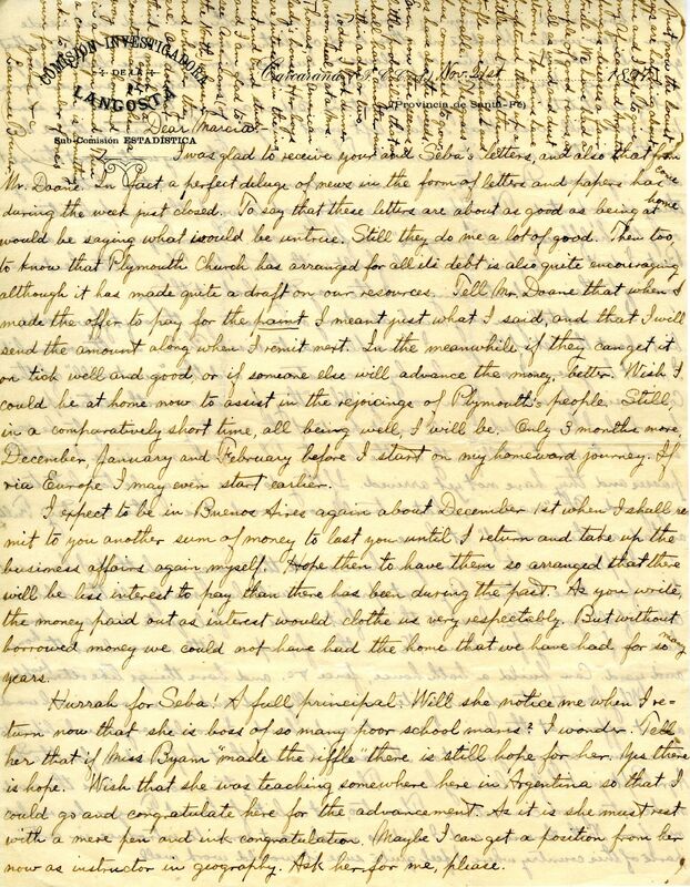 Handwritten 2 page letter from Lawrence Bruner to Marcia Bruner, "I was glad to receive your and Seba's letters, and also that from Mr. Doone..."