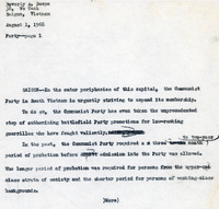 Original title: "Party", Keever's title: "Communist Party in South Vietnam tries to Expand its Membership." Article draft about the Communist Party of South Vietnam's attempts to increase its membership and influence. Written for the Christian Science Monitor