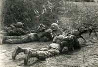 "Phuoc Tuy Province, Vietnam - Troops of the Army's 173rd Airborne Brigade search for targets after receiving sniper fire during a search and destroy operation in this province." Three American soldiers lay on their bellies behind a bush. One is aiming a machine gun.