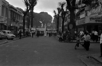 "Unidentified", Photo of a protest. A large crowd of Vietnamese people walk in a tree lined street with banners. The street is lined with small shops, and pedestrians have paused to watch.