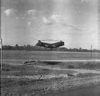 "NV-HK - Macau - Not For Pub - Some Good Ones" An Army helicopter is hovering above the ground.