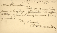 Handwritten postcard from Robert H. Wolcott to Frank H. Shoemaker, "Will you please bring down a half dozen splendid with copying..."