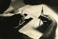 "Plots - A crewmember of the gunboat USS Gallup plots the course to intercept a Vietnamese junk on one of the ship's Operation Market Time patrols. The Gallup arrived in Vietnam Apr. 27, 1967 as a unit of Market Time. The new, high-speed gunboat patrols along the 1,000 mile coastline of South Vietnam to prevent the infiltration of enemy men, arms and supplies to the Viet Cong ashore in South Vietnam." The camera is looking over the shoulder of a man, who is plotting on a map.
