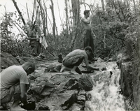 American soldiers drinking and washing off in a creek.