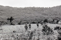 Several American soldiers walking away from the camera through an empty field.