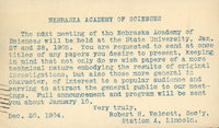 Typewritten postcard from Robert H. Wolcott to Frank H. Shoemaker, "The next meeting of the Nebraska Academy of ciences will be held at the State University, Jan. 27 and 28, 1905."