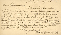 Handwritten postcard from Robert H. Wolcott to Frank H. Shoemaker, "Will arrive Omaha, with medical excursion, tomorrow morning at 7:30 (approximately)."