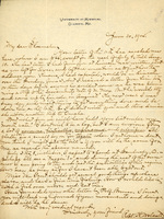 Handwritten letter, 1 page, "Your letter of the 12th has reached me here, where I am ___, except for the week of July 4, till Aug. 10. The last letter I had from you at Lincoln was written just as you left for Texas..."