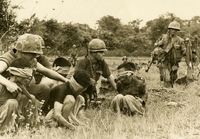 Several  American soldiers are kneeling beside Vietnamese men blindfolded and with their hands behind their backs. Other soldiers seen walking in the background.