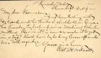 Handwritten postcard from Robert H. Wolcott to Frank H. Shoemaker, "Just beentalking with Dr. Ward and he thinks I should be in Omaha Tuesday to look up some Medical School matters."