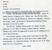 Original Title 'honolulu", Keever's title: "1st Honolulu Conference: 'Light at the End of the Tunnel'; 2nd Honolulu Conference 'Shadows on the Work' in Paris Peace Talks." Article draft about the mood of the two Honolulu Confrences. Written for the Christian Science Monitor
