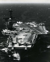 USS Ranger flight deck with aircraft aboard.