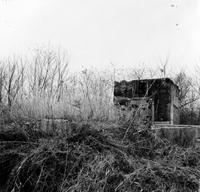 "Korea-Negs 182-3(2)-193-1(1) DMZ 3" A burnt bulding stands in a grassy field. The buidling appears to have either been bombed or shot at. From scrapbook page 23.