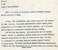 Original title: "uprise", Keever's title: "Communist Units to hold[?] 3-month Indoctrination to Promote 'People's Uprising.'" Article draft about Communist ideology being spread and reinforced among the Vi?t C?ng. Written for the Christian Science Monitor