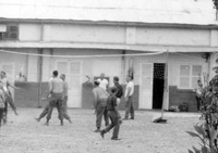 A group of American soldiers playing volleyball.