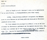 Original title: "peace", Keever's title: "Vietnamese Politics Begin to Define Peace Talks." Article about increasing discussion in Saigon about negotiations with Hanoi. President Johnson's decision not to run for office earlier in the year had put negotiations on the minds of both the Americans and South Vietnamese. Discussions of a three to four year peace plan sponsored by the Americans, and a plan to have both the anti-communist forces and the Vi?t C?ng participate in free and fair elections upon its conclusion, are brought up. For the Christian Science Monitor