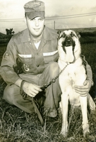 "Hq 2AD Tan Son Nhut Afld, RVN - Plucky Sentry dog - Duchess, a U.S. Air Force sentry dog poses with her handler. A2C Clifford F. Davis of Knoxville, Tenn. The German Shepard probably saved Airman Davis' life last week when she took a bite from a krait snake in tall grass while on patrol. Krait bites are fatal to humans in almost every instance, but the plucky sentry dog survived and is back on duty." An American soldier crouches next to a military dog, probably a German shepherd.