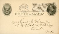 Handwritten postcard from Robert H. Wolcott to Frank H. Shoemaker, "Have Blaisdell's Eleodes about ready but be think(?) myself I haven't his address..."