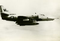"The A4 'Skyhawk' is a single seat, high performance attack bomber." A US Marine Corps jet in flight.