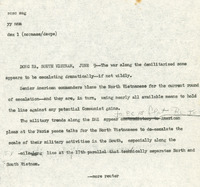 Original title: "dmz", Keever's title: "Amidst pains over Talks, Frontline War along DMZ Escalates." Article draft about the increase of fighting along the North-South Vietnamese DMZ in contravention to US hopes at the ongoing Paris Peace Talks. Written for the Christian Science Monitor