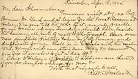Handwritten postcard from Robert H. Wolcott to Frank H. Shoemaker, "Tomorrow night at 1:20 Prof. Bruner, Dr. War and I leave for the Forest Reserve at Halsey, she gone till the..."