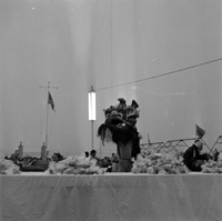 Original title: "VN Life" The photo probably shows celebrations for Tết Trung Thu. There is a large table in the foreground with small plastic bags on it (possibly containing candy or some other fetival favor). There is a lion dance being performed in tha background and a child in a mask dancing. There are children watching the dance. The photo appears to be tacken around dusk, as the streetlight in the background appears to be on. Several South Vietnamese flags fly in the background.