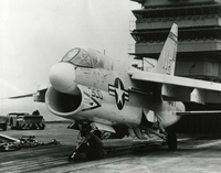 The Navy's new A-7A Corsair II being readied for launch from the deck of the USS Ranger.