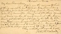 Handwritten postcard from Robert H. Wolcott to Frank H. Shoemaker, "I give you the ames of those I think would be best officers: Pres. Frank H. Shoemaker; Vice-Pres, Miss Caldwell;..."