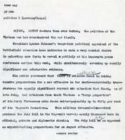 Original title: "politics", Keever's title: "News Management and Psycological Warfare Upend Vietnam's War." Article draft about the media's reaction to the war in Vietnam and how that has effected American politics. Written for the Christian Science Monitor
