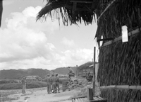 "Ashau II", a group of soldier gathering and talking infront of a grass house, taken from a distance