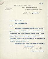 Typewritten letter, 1 page, from  Chas D. Wolcott to the Honorable D.B. Henderson, "In accordance with the request contained in your letter from of April 10, addressed to Col.C.W.Coombs, House of Representative, and by him referred to me..."