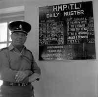 "Ai Lam - HK*" A British police officer stands next to a "Daily Muster" board.