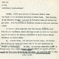 Original title: "republican", Keever's title: "GOP Convention Transforms Richard Nixon from 1954 Model Hawn to 1968 Model Dove." Article draft about the 1968 Republican National Convention's nomination of Richard Nixon and the reaction to his shift on the Vietnam War in Saigon. Written for the Christian Science Monitor